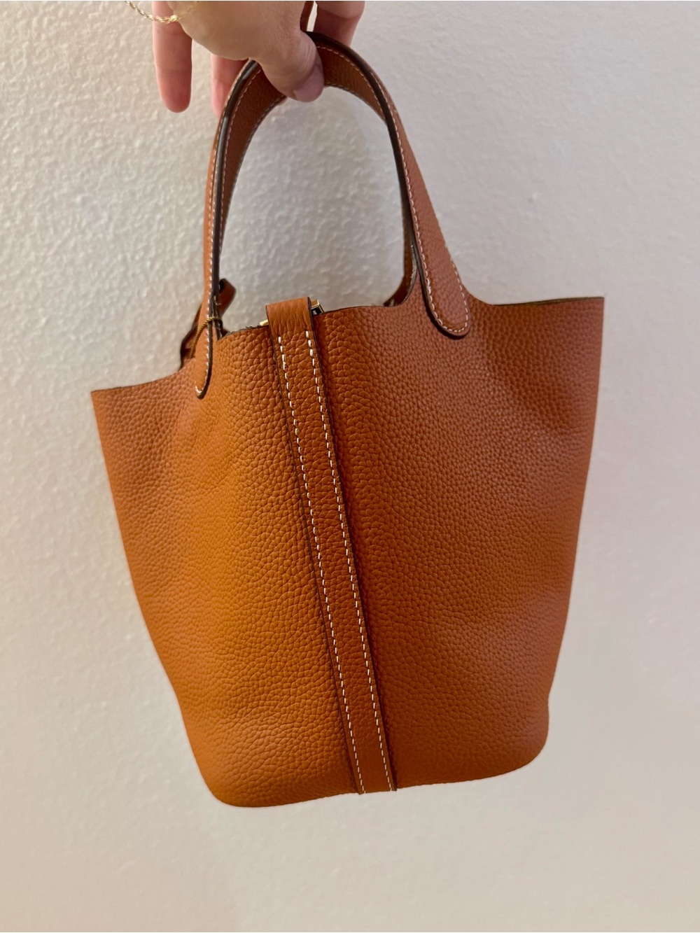 Leather Bucket Bag with lock, key, & clochette: Cognac Brown with Gold Hardware - Picture 2 of 8